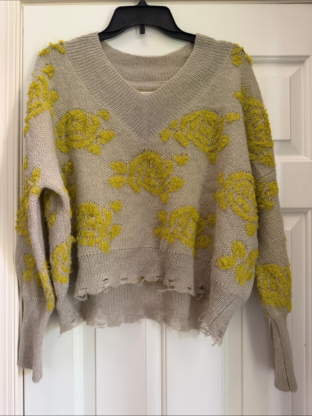 Anthropologie Beige V-Neck Sweater with Yellow Floral